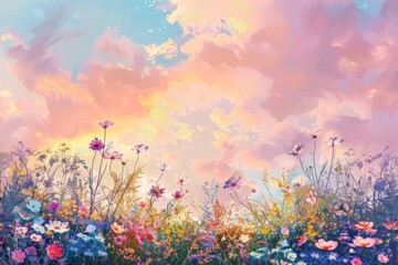 Obraz na płótnie Canvas Field of Flowers Under Cloudy Sky