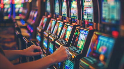 Close-up of hands playing slot machines with colorful lights in a casino setting.