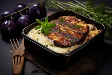 Refined moussaka in a bento box against an aged metal background