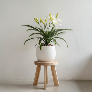 Photo of a stylish stool with a flower in a white pot against a white wall in a modern style room with copy space
