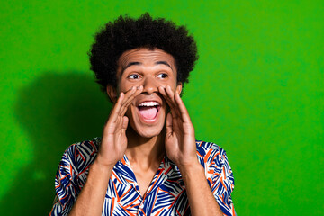 Photo of crazy guy hair chevelure he touch cheeks screaming announce something no secrets for...