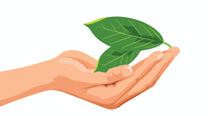 Hands holding green leaf vector icon flat vector isolated