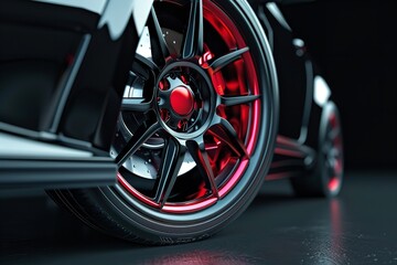 On a dark backdrop, a car wheel with red brakes. Generative Ai - obrazy, fototapety, plakaty