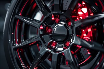 On a dark backdrop, a car wheel with red brakes. Generative Ai