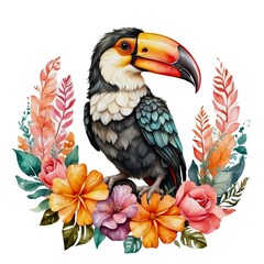 Watercolor illustration portrait of a cute adorable colorful tropical toucan bird with flowers on isolated white background.	
