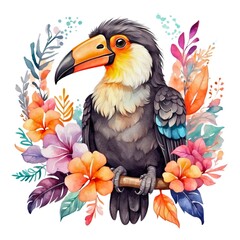 Watercolor illustration portrait of a cute adorable colorful tropical toucan bird with flowers on isolated white background.	
