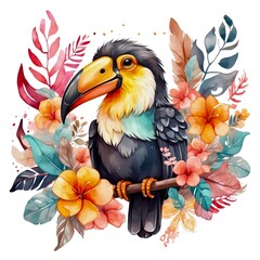 Naklejka premium Watercolor illustration portrait of a cute adorable colorful tropical toucan bird with flowers on isolated white background. 