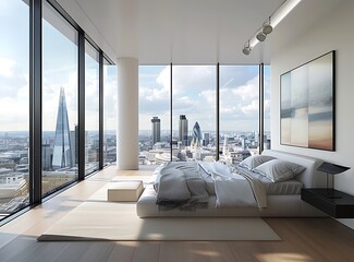 High end interior design of a modern bedroom with floor-to-ceiling windows providing a view over the London skyline including the BW tower - obrazy, fototapety, plakaty
