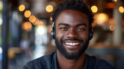 Fototapeta premium Smiling African American man with headphones in a modern office setting, portraying a friendly customer service representative.