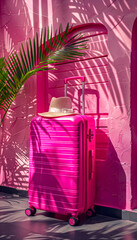 Elegant Pink Suitcase and Hat on Pink Background. Travel, fashion, and leisure concept