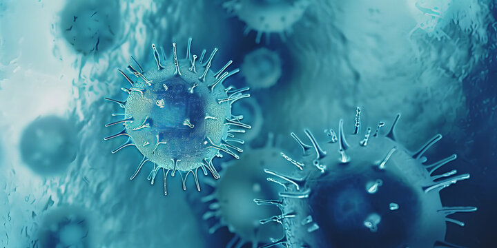 virus cells, human cells, close up of bacteria and virus cells in a scientific microscopic laboratory.