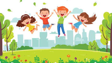 Happy cartoon children jumping in green city park fla