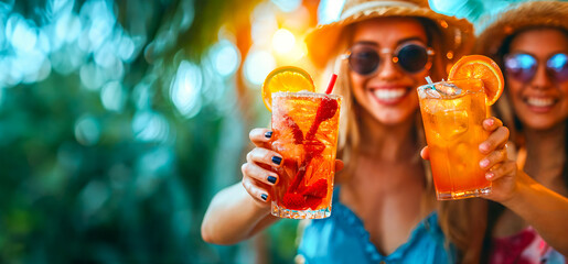 Smiling women in sunglasses holding summer cocktails, cheers to camera.