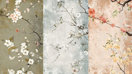 Botanical patterns with an array of blossoms, crafted in soft tones and pastels, mirroring nature's gentle aesthetic.