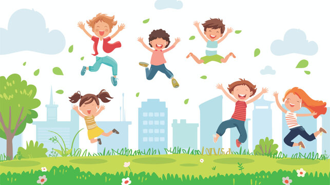 Happy cartoon children jumping in green city park fla