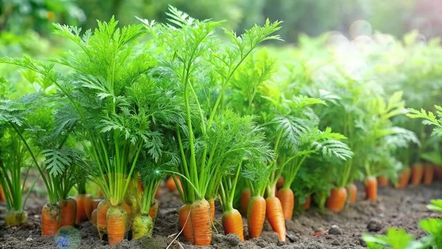 a field of carrot plants ready to be harvested which are planted in fertile soil