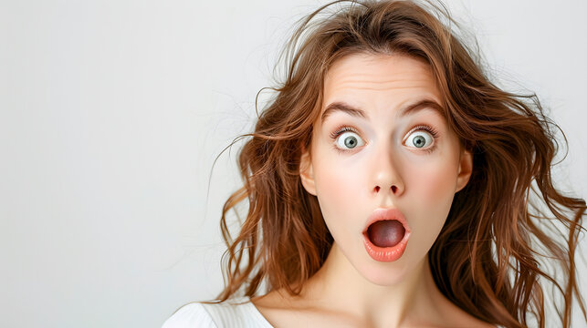 Surprised Woman with Exaggerated Expression on White Background