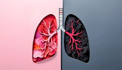 Paper cut of human lungs with one side depicting healthy pink tissue and the other blackened by smoke concept of stop smoking  