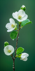 Closeup white flowers with droplets of water on them. Blossom quince branch