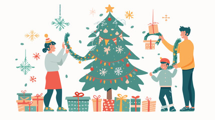 Happy child dresses up Christmas tree. Boy unwinds ga - obrazy, fototapety, plakaty