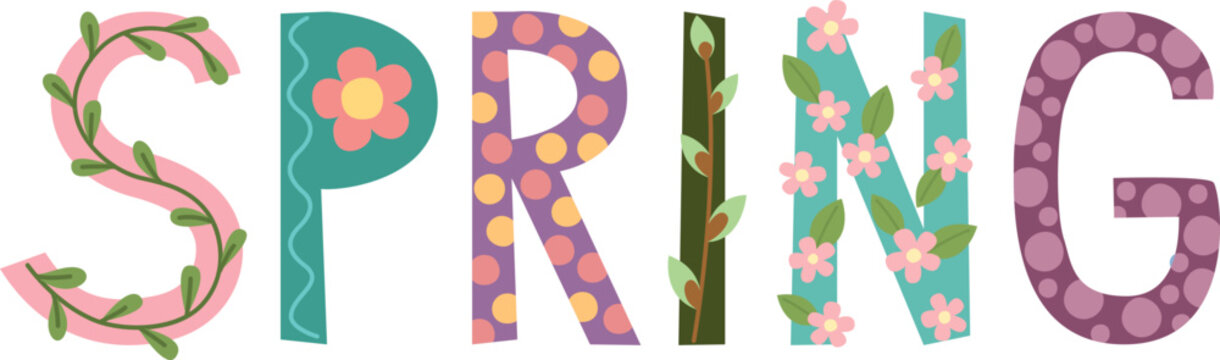 Spring decorative hand drawing lettering with leaves and flowers. Vector colorful design	in flat style