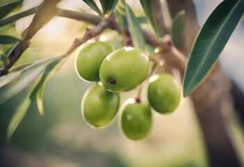 Green olives hanging on a branch with leaves, with a soft-focus background in warm sunlight.