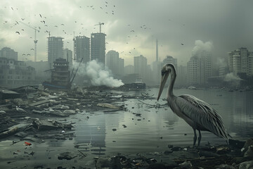 oiseau au bord de l'eau au milieu de déchets et de plastique - Les animaux souffrent de la pollution - pollution et fin du monde - obrazy, fototapety, plakaty