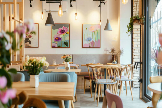 Photo of a cozy cafe in a modern minimalist style, with a simple and functional interior. The cafe is decorated in light colors using natural materials and clean lines.