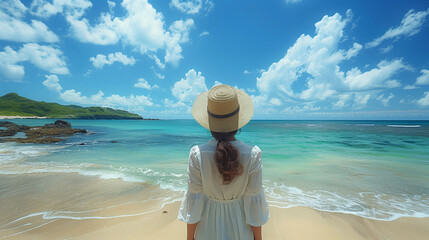 Woman in a sunhat enjoying a serene beach view, clear blue sky and turquoise water.