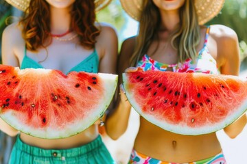 Women holding slices of watermelon, enjoying a refreshing treat on a hot day. - obrazy, fototapety, plakaty