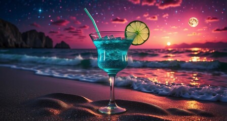 Glass with blue drink on seascape background - obrazy, fototapety, plakaty