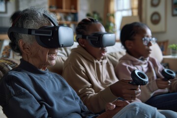 Grandmother and Grandchildren Immersed in Virtual Reality Gaming.