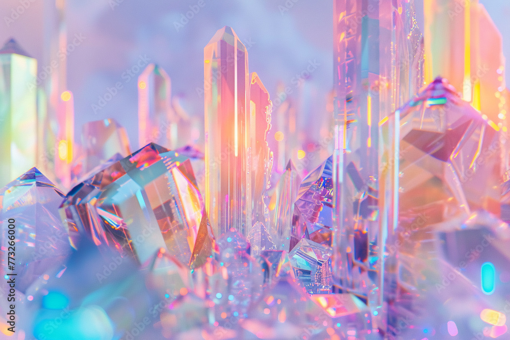 Poster dynamic light play on holographic 3d shapes, presented in a spectrum of pastel colors for a futurist