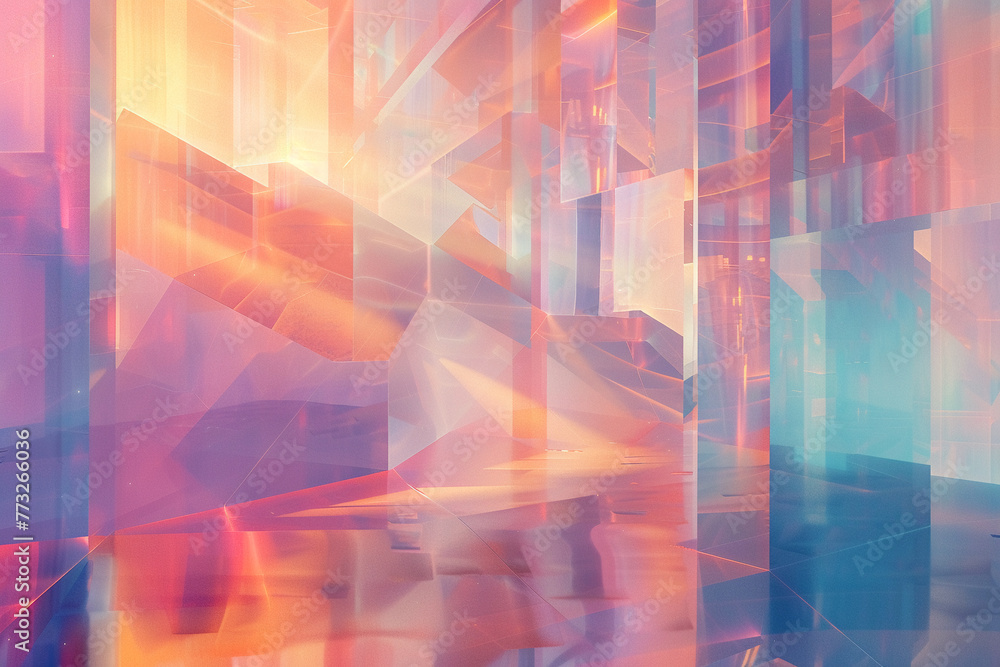 Poster dynamic light play on holographic 3d shapes, presented in a spectrum of pastel colors for a futurist