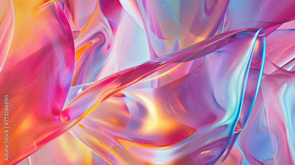 Poster dynamic light play on holographic 3d shapes, presented in a spectrum of pastel colors for a futurist