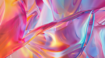 Dynamic light play on holographic 3D shapes, presented in a spectrum of pastel colors for a futuristic abstract design.