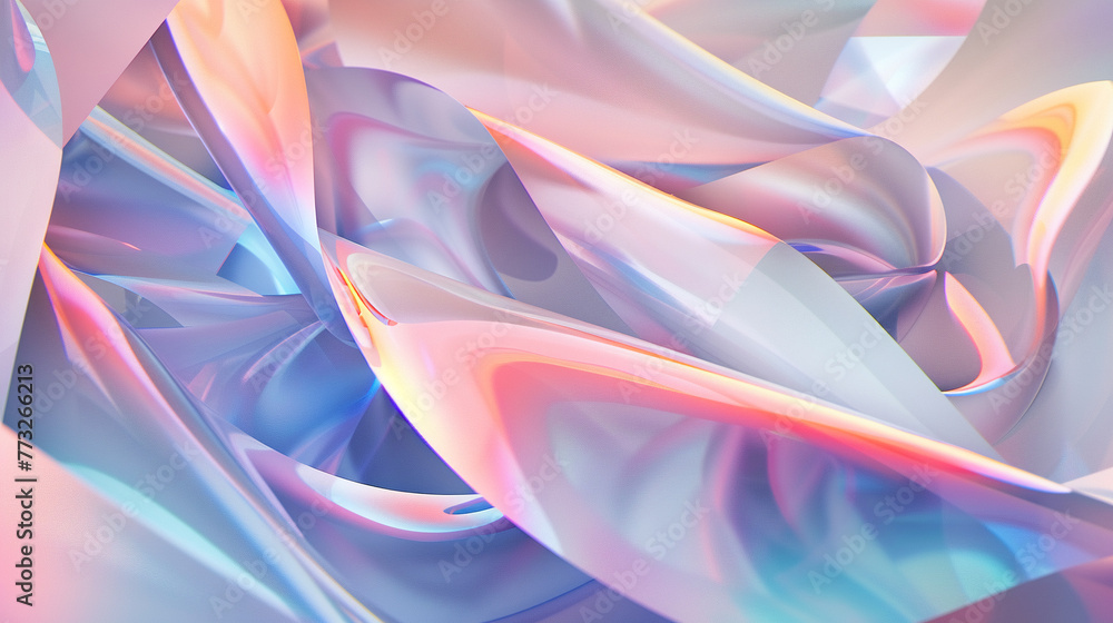 Poster dynamic light play on holographic 3d shapes, presented in a spectrum of pastel colors for a futurist