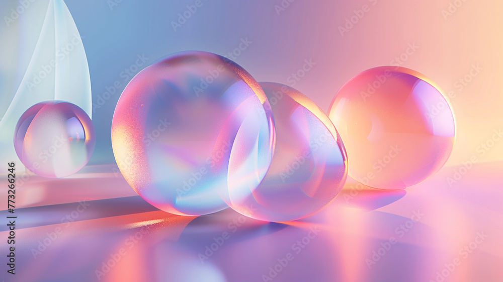 Poster dynamic light play on holographic 3d shapes, presented in a spectrum of pastel colors for a futurist