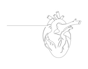 Continuous one line drawing of human heart organ. One line of anatomical human heart. Medical internal concept continuous line art. Editable outline.

