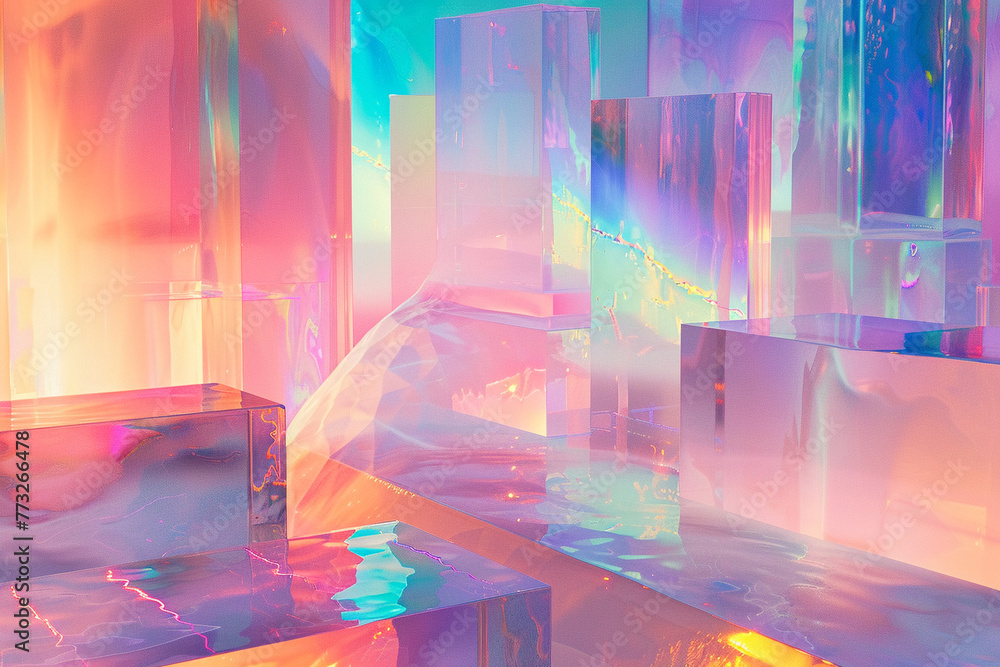 Poster dynamic light play on holographic 3d shapes, presented in a spectrum of pastel colors for a futurist