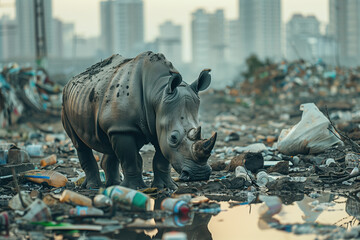 Rhinocéros au milieu d'une décharge de déchets devant une ville - Les animaux souffrent de la pollution - pollution et fin du monde