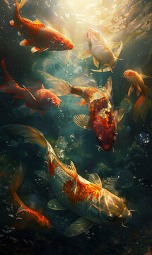 Painting of koi fish paying respects, generative ai
