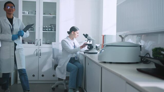 Shot of medical science laboratory with team of professional biotechnology scientists developing vaccine. Man doing experiment and female biochemist working at microscope. Indoors. Daytime. Innovation