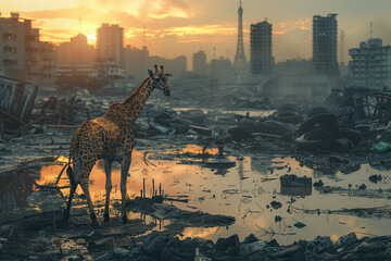 Girafe au milieu de déchets devant un décor de ville et d'usines - Les animaux souffrent de la pollution - pollution et fin du monde