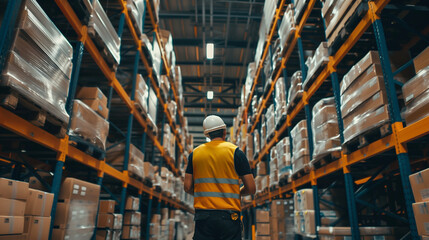 A male supervisor, donning a hard hat and safety vest, stands in a warehouse meticulously assessing the inventory on the shelves. 