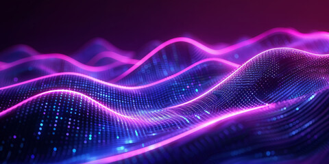 3d  dark purple with blue neon lines wave dots representing digital binary data. Concept for big data, deep machine learning, artificial intelligence, business technology ,futuristic