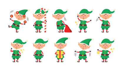 Obraz na płótnie Canvas Collection of Christmas elves isolated on white background. Set of little Santa's helpers with holiday gifts and decorations. Set of adorable cartoon characters. Flat vector illustration.