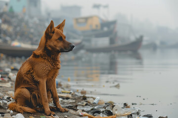 Chien triste au bord de l'eau polluée - Les animaux souffrent de la pollution - pollution et fin du monde