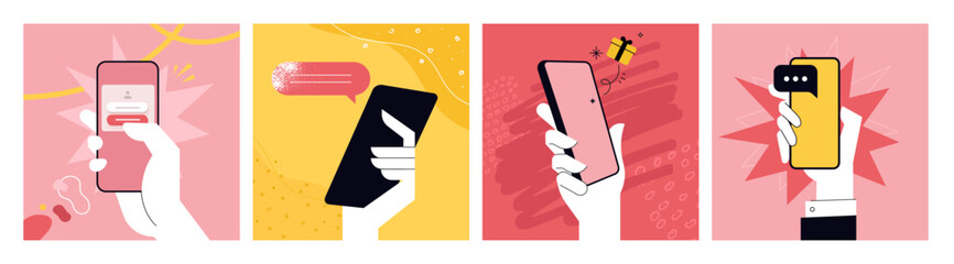 Hand holding and using mobile phone. Set of vector illustrations for graphic and web design of business, technology, marketing and social media banners and presentations, smartphone services and apps. - obrazy, fototapety, plakaty