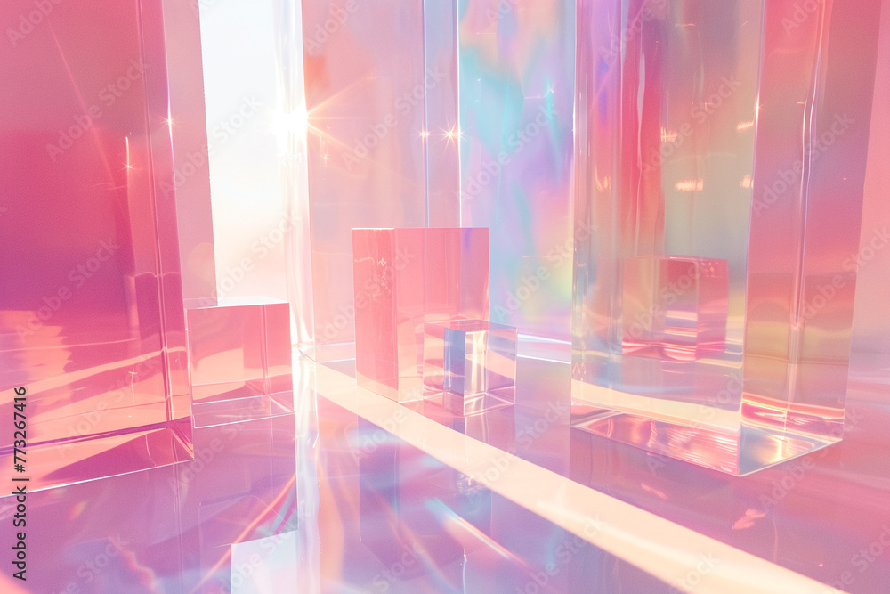 Poster ethereal 3d shapes in holographic form, floating in a space of soft pastel light and color, creating